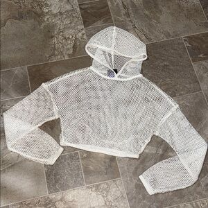 White Cropped Mesh Hooded Top
